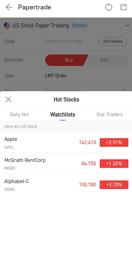 hot stocks list in the moomoo paper trading