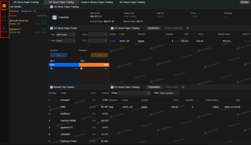 select the stock market type for paper trading